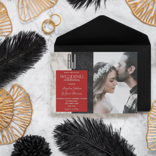 Modern Black White Red Photo Wedding Invitation