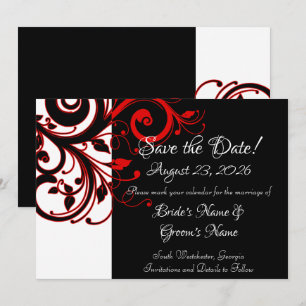 Modern Black White Red Swirl Wedding Save the Date