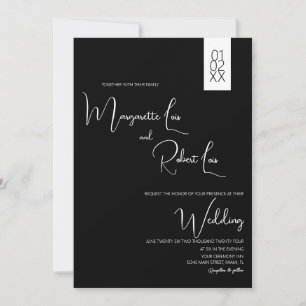 Modern Black White Ribbon Script Wedding  Invitation