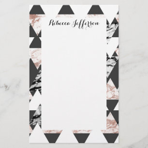 Modern Black White Rose Gold Marble Geo Triangles Stationery
