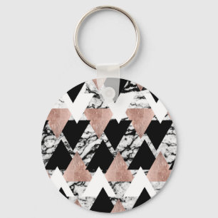 Modern Black White Rose Gold Triangles on Marble Keychain