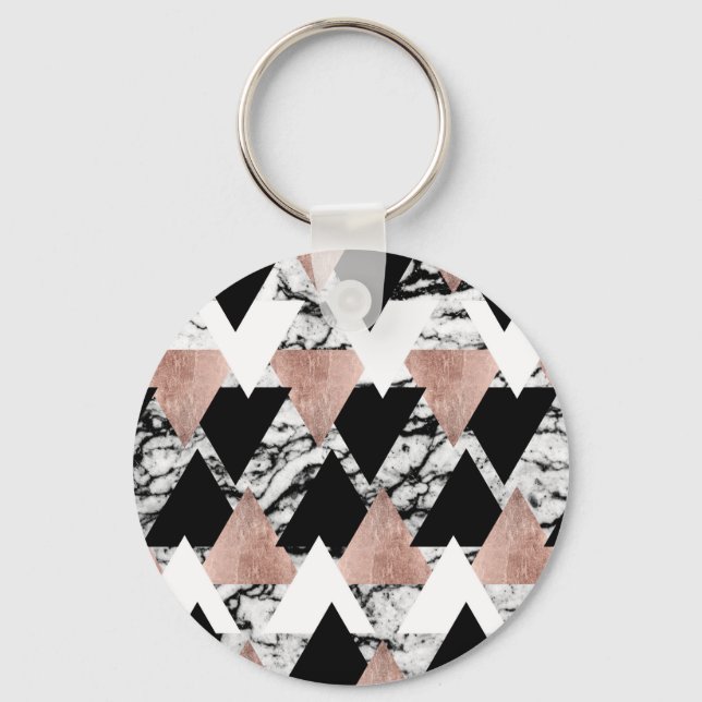 Modern Black White Rose Gold Triangles on Marble Keychain (Front)