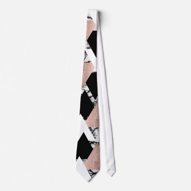 Modern Black White Rose Gold Triangles on Marble Tie (Front)