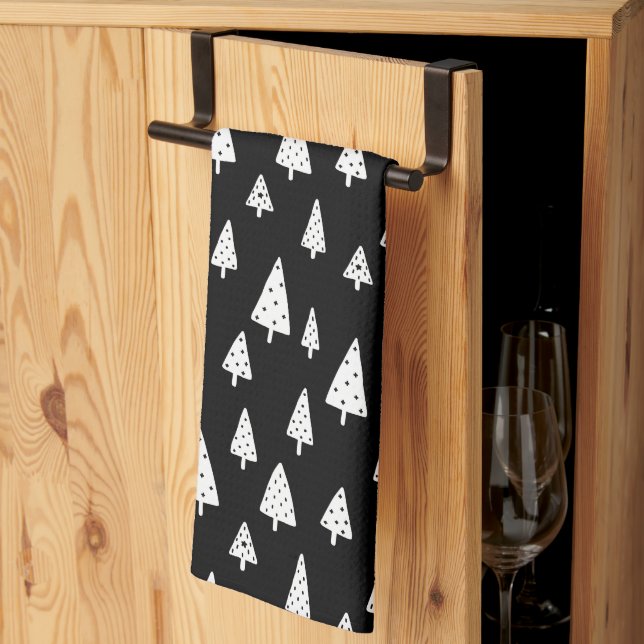 Modern Black & White Scandinavian Christmas Trees Kitchen Towel (Thirds Fold)