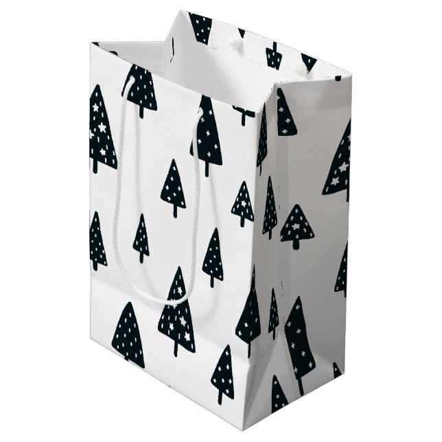 Modern Black & White Scandinavian Christmas Trees Medium Gift Bag (Front Angled)