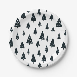 Modern Black & White Scandinavian Christmas Trees Paper Plate