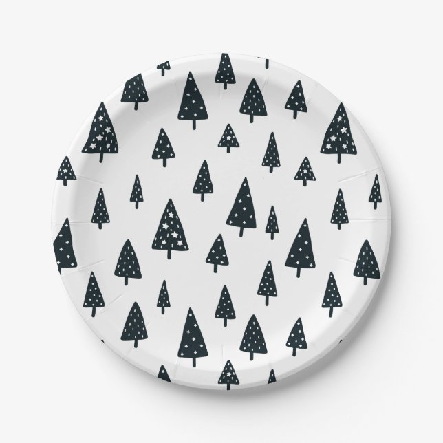 Modern Black & White Scandinavian Christmas Trees Paper Plate (Front)