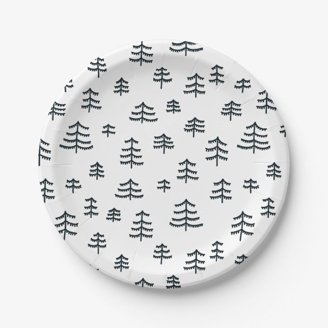 Modern Black & White Scandinavian Christmas Trees Paper Plate (Front)