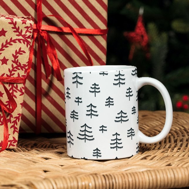 Modern Black & White Scandinavian Christmas Trees Two-Tone Coffee Mug (Creator Uploaded)