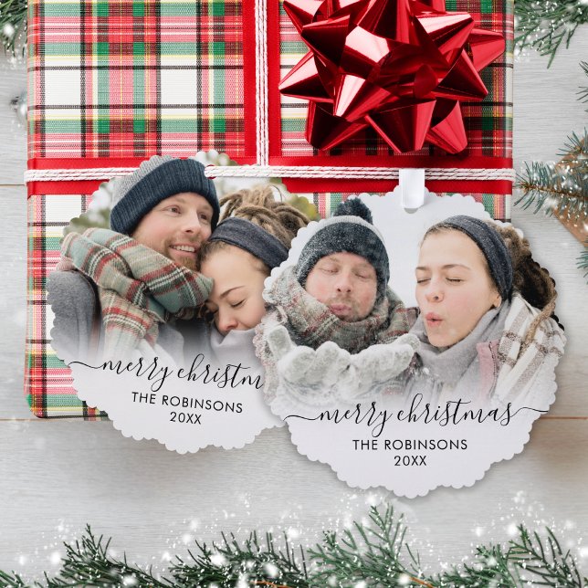 Modern Black White Script 2 Couple Photo Christmas Ornament Card (Creator Uploaded)