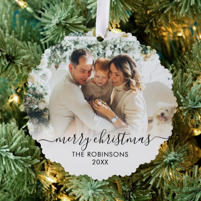 Modern Black White Script 2 Family Photo Christmas Ornament Card (Insitu (Tree))