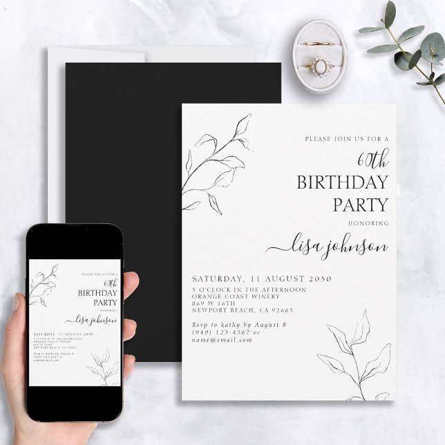 Modern Black White Script Botanical 60th Birthday Invitation (Creator Uploaded)