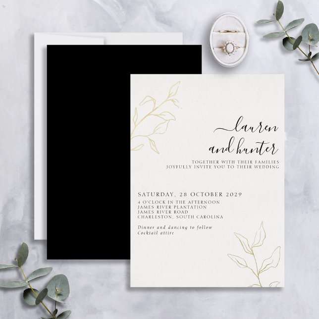 Modern Black White Script Botanical Wedding Gold (Creator Uploaded)