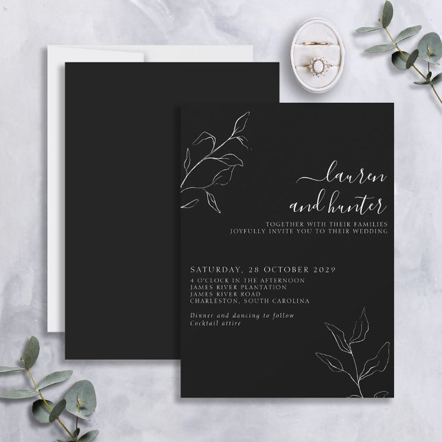 Modern Black White Script Botanical Wedding  Invit Invitation (Creator Uploaded)