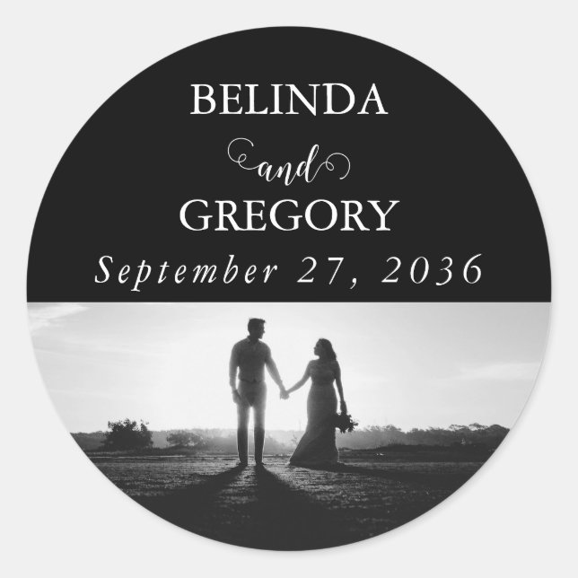 Modern Black & White Script Couple Photo Wedding Classic Round Sticker (Front)