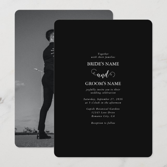 Modern Black & White Script Couple Photo Wedding Invitation (Front/Back)