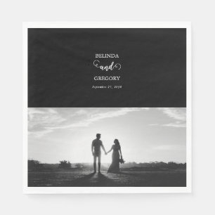 Modern Black & White Script Couple Photo Wedding Napkin