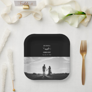 Modern Black & White Script Couple Photo Wedding Paper Plate