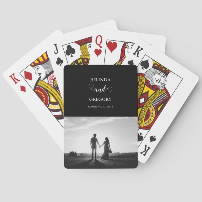 Modern Black & White Script Couple Photo Wedding Playing Cards (Back)