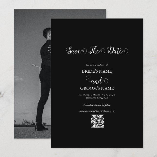 Modern Black & White Script Couple Photo Wedding Save The Date (Front/Back)