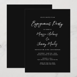   Modern Black White Script Engagement Party Invitation