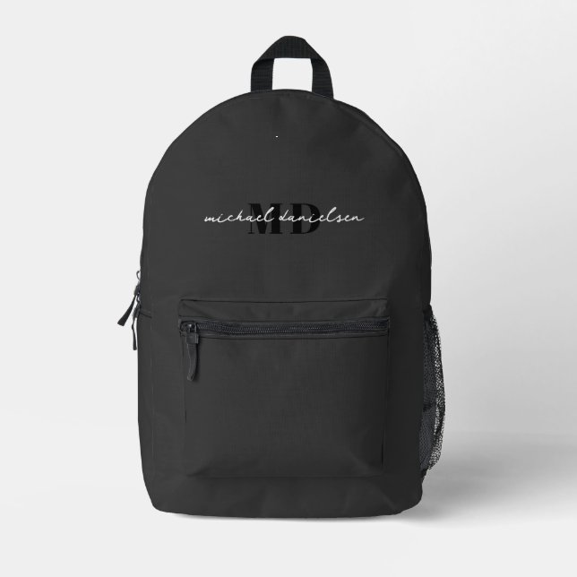 Modern Black & White Script Initial Monogram Printed Backpack (Front)