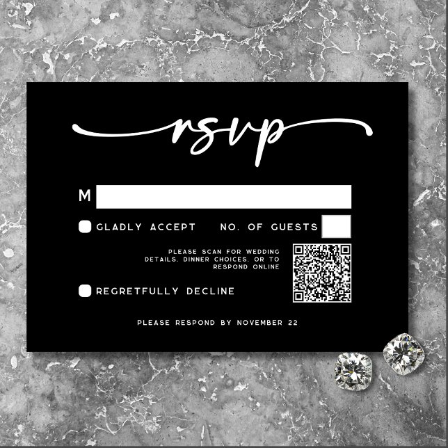 Modern Black White Script Minimal Wedding QR Code RSVP Card (Creator Uploaded)