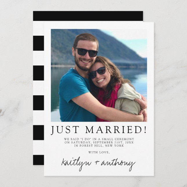 Modern Black & White Script Minimalistic Wedding Announcement (Front/Back)