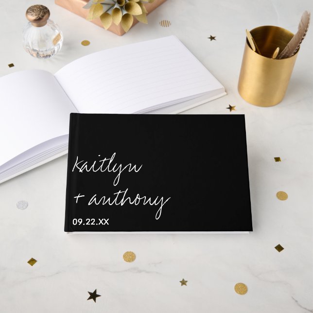 Modern Black & White Script Minimalistic Wedding Guest Book (Front Open)