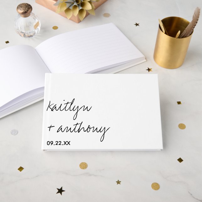 Modern Black & White Script Minimalistic Wedding Guest Book (Front Open)