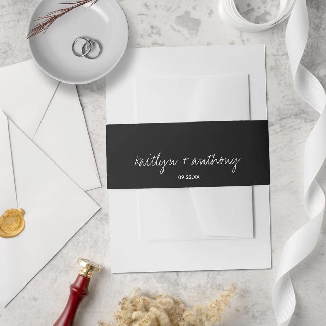 Modern Black & White Script Minimalistic Wedding Invitation Belly Band (Creator Uploaded)