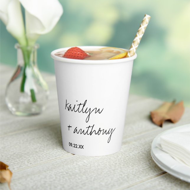 Modern Black & White Script Minimalistic Wedding Paper Cups (Insitu)