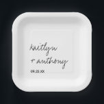 Modern Black & White Script Minimalistic Wedding Paper Plate<br><div class="desc">Celebrate in style with these modern and very trendy wedding paper plates. This design is easy to personalize with your own wording and your guests will be thrilled when they see these fabulous party paper plates. Matching items can be found in the collection.</div>