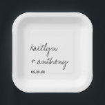 Modern Black & White Script Minimalistic Wedding Paper Plate<br><div class="desc">Celebrate in style with these modern and very trendy wedding paper plates. This design is easy to personalize with your own wording and your guests will be thrilled when they see these fabulous party paper plates. Matching items can be found in the collection.</div>