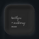 Modern Black & White Script Minimalistic Wedding Paper Plate<br><div class="desc">Celebrate in style with these modern and very trendy wedding paper plates. This design is easy to personalize with your own wording and your guests will be thrilled when they see these fabulous party paper plates. Matching items can be found in the collection.</div>