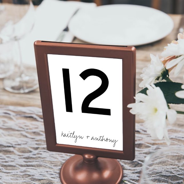 Modern Black & White Script Minimalistic Wedding Table Number (Creator Uploaded)