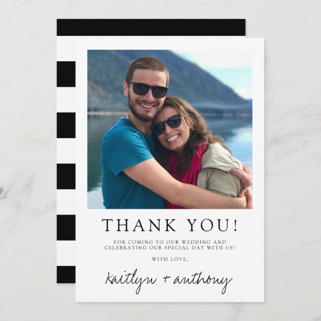 Modern Black & White Script Minimalistic Wedding Thank You Card (Front/Back)