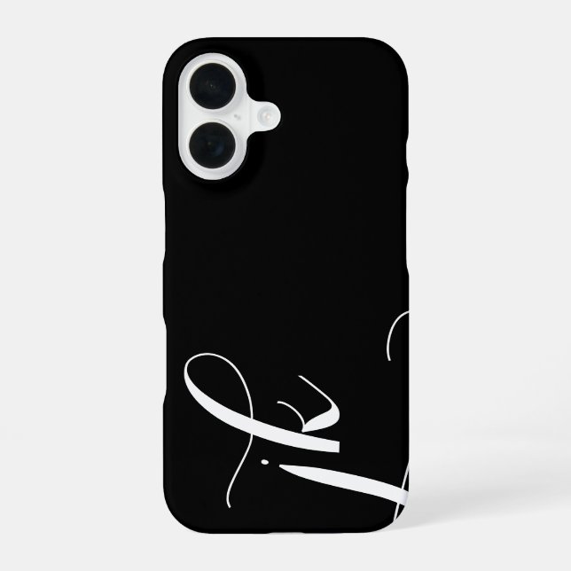 Modern Black White Script Monogram Name iPhone 16 Case (Back)
