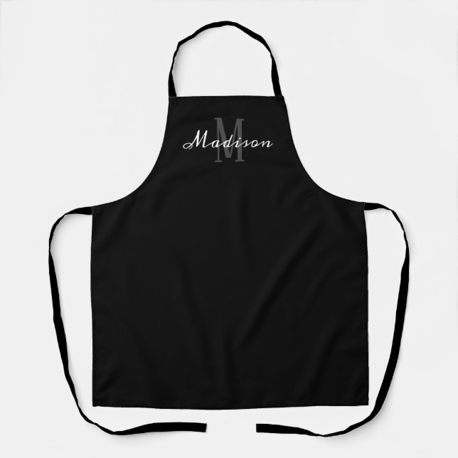 Modern Black White Script Monogram Personalized Apron (Front)