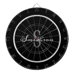 Modern Black White Script Monogram Personalized Dartboard