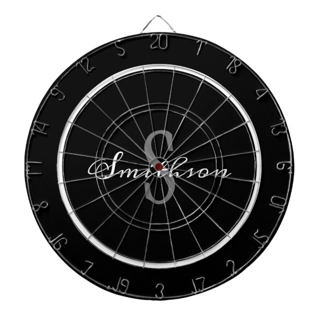 Modern Black White Script Monogram Personalized Dartboard (Front)