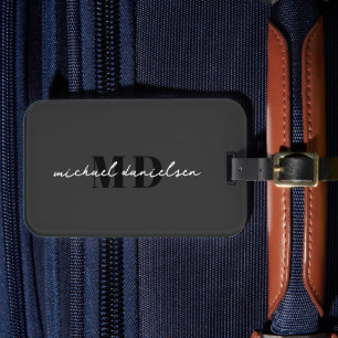 Modern Black & White Script Monogrammed Minimalist Luggage Tag