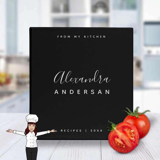 Modern Black White Script Name Recipe Binder (Modern Black White Script Name Family Recipe 3 Ring Binder)