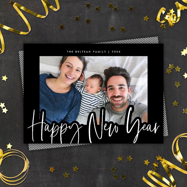 Modern Black & White Script New Year Photo Holiday Card (Creator Uploaded)