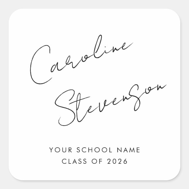 Modern Black White Script Personalized Graduation Square Sticker (Front)