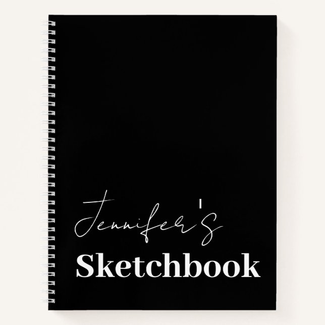 Modern Black White Script Personalized Sketchbook Notebook (Front)