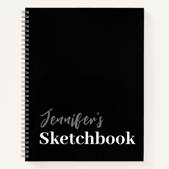 Modern Black White Script Personalized Sketchbook Notebook (Front)