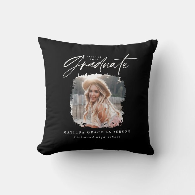 Modern black white script photo elegant graduation throw pillow (Front)