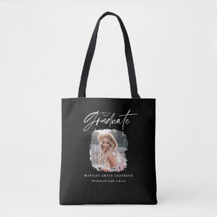 Modern black white script photo elegant graduation tote bag
