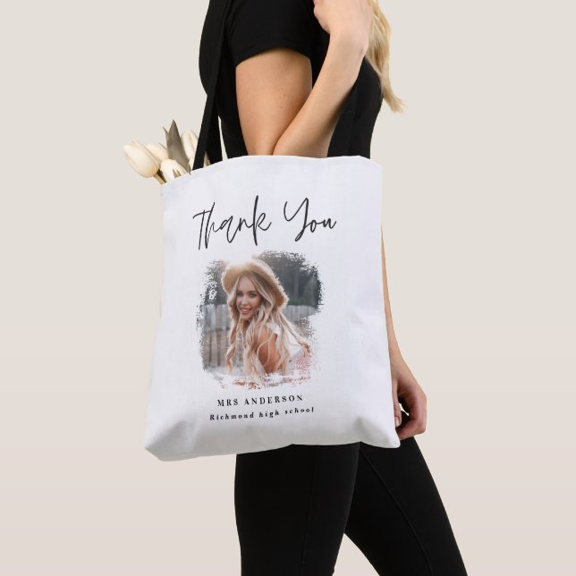 Modern black white script photo elegant teacher tote bag (Close Up)